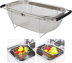 Over The Sink Colander, 4 Quarts Stainless Steel Oval Colander with Expandable Rubber Grip Handle, Fine Mesh Strainer Baskets Kitchen Colander for Strain, Drain, Rinse Vegetables, Fruits, Black