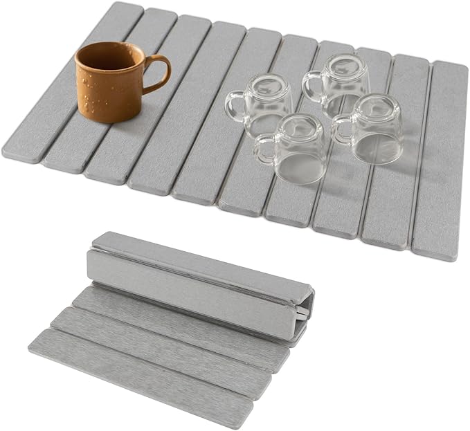 Large Diatomaceous Earth Dish Drying Mat for Kitchen Counter, 23.6"x15.3" Quick Dry Foldable Absorbent Stone Mat, Gray Countertop Mat for Dishes, Bottles & Cups