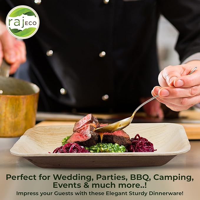 Raj Palm Leaf Plates [200-Pack] 10" Square Plates like Bamboo plates Disposable, Strong, Decorative Compostable Tableware for wedding, Lunch, Dinner, Birthday, Camping, Outdoor BBQ, Picnic…