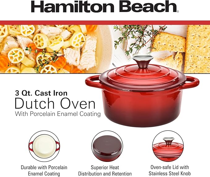 Hamilton Beach 3-Quart Enameled Cast Iron Dutch Oven with Lid | Heavy-Duty Pot for Braising, Roasting & Baking | Red