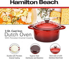 Hamilton Beach 3-Quart Enameled Cast Iron Dutch Oven with Lid | Heavy-Duty Pot for Braising, Roasting & Baking | Red