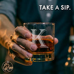 On The Rox Drinks (K-Monogram)- 4 Piece Set of 11 Ounce Engraved Heavy Base Rocks Whiskey Glasses Elegant Glass-Bourbon Multi-Purpose Beverage-Rocks Glass- Gift for any Occasion