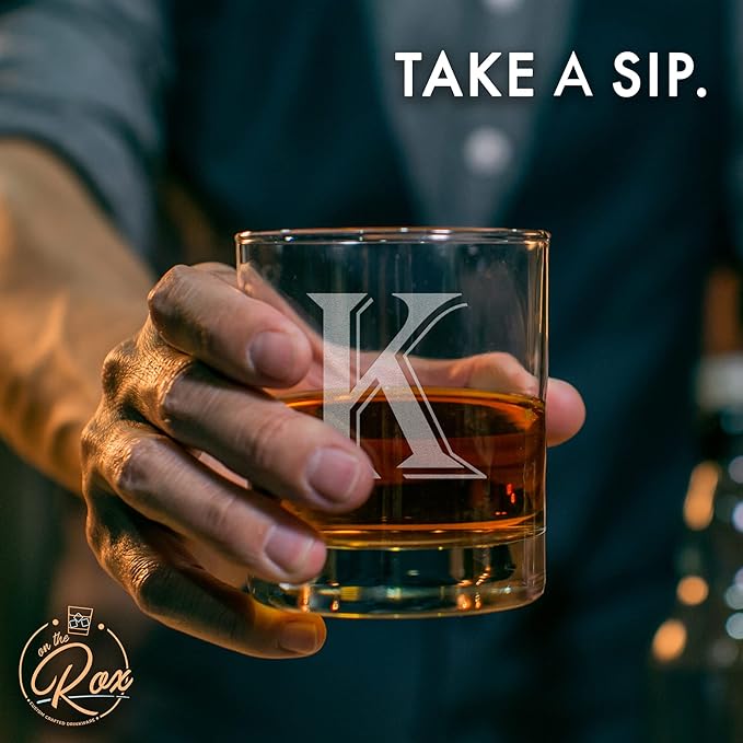 On The Rox Drinks (K-Monogram)- 4 Piece Set of 11 Ounce Engraved Heavy Base Rocks Whiskey Glasses Elegant Glass-Bourbon Multi-Purpose Beverage-Rocks Glass- Gift for any Occasion