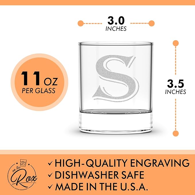 Monogrammed Gifts for Men - 4PC 11 Oz Custom Whiskey Glasses (S-Monogram) - Engraved Whiskey Glasses - Personalized Whiskey Glasses - Unique Bourbon Glasses - Personalized Glass Gifts for Dad