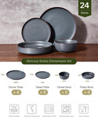 Famiware Mercury Dinnerware Sets with Pasta Bowls, Service for 6 (24 Pieces), Stoneware Plates and Bowls Sets, Microwave and Dishwasher Safe Dishes Set, Charcoal
