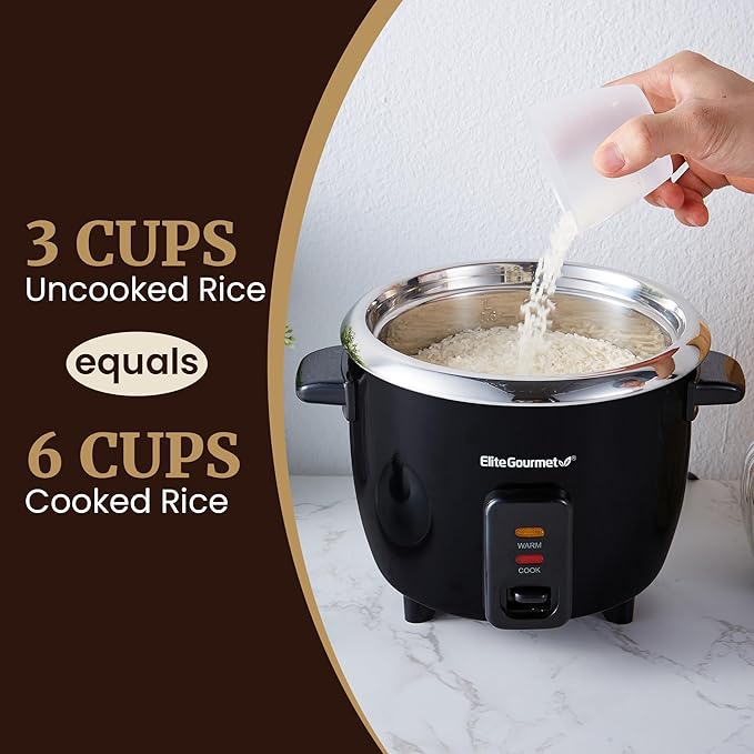 Elite Gourmet ERC006SS 6-Cup Electric Rice Cooker with 304 Surgical Grade Stainless Steel Inner Pot, Makes Soups, Stews, Porridges, Grains and Cereals, 6 cup (3 cups uncooked), Black