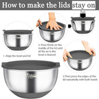 Wildone Mixing Bowls with Airtight Lids, 22 PCS Stainless Steel Mixing Bowls Set, 3 Grater Attachments, Measurement Marks & Non-Slip Bottom, Size 5, 4, 3, 2,1.5, 0.63QT, Ideal for Mixing & Prepping