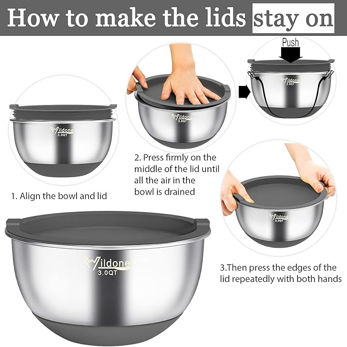 Wildone Mixing Bowls with Airtight Lids, 22 PCS Stainless Steel Mixing Bowls Set, 3 Grater Attachments, Measurement Marks & Non-Slip Bottom, Size 5, 4, 3, 2,1.5, 0.63QT, Ideal for Mixing & Prepping