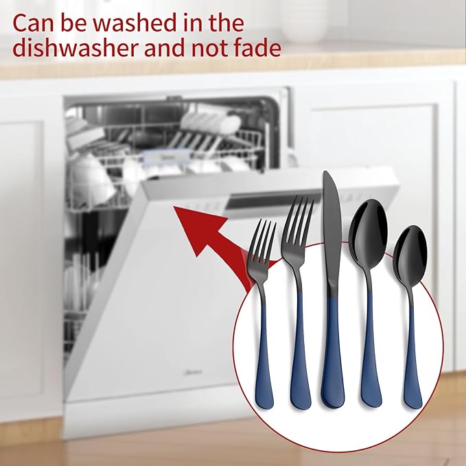 20-Piece Black Silverware Set 18/0 Stainless Steel Flatware Sapphire Blue Handle Cutlery Set Service for 4 Dinner Knives Forks Spoons Set Mirror Finish Dishwasher Safe