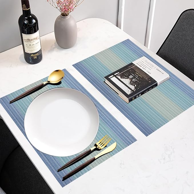 PIGCHCY Placemat,Washable Woven Non-Slip Insulation Durable Placemat Vinyl Table Mat Set of 4 (4pcs Placemats,Coastal Blue)