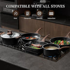 Kikcoin 16Pcs Pots and Pans Set Nonstick Ceramic Cookware Sets Induction Kitchen Cooking Set Non toxic Healthy Non Stick w/Grill Pan, Saute Pan, Black