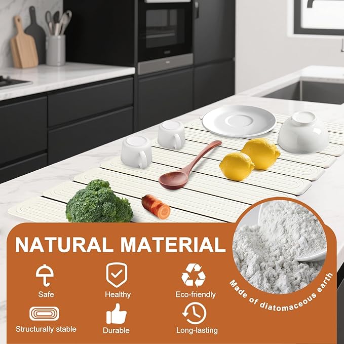 Large Stone Dish Drying Mat for Kitchen Counter, 24"x16" Quick Dry Collapsible Diatomaceous Earth Dish Drying Mat, Water Absorbent Drying Mat for Dishes Bottles Cups Bathroom, White with Grooves