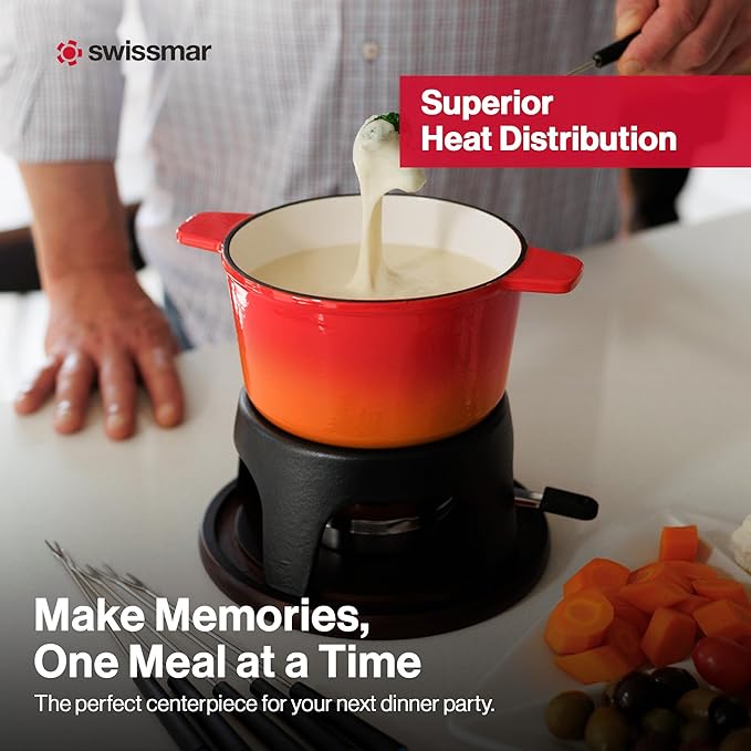 Swissmar Sierra Cast Iron Fondue Set, 1.6 Quart / 1.6 Liter – Perfect for Meat, Cheese, & Chocolate Fondues – Ideal for Family Bonding & Hosting Gifts - 12-Pieces, Gradient Orange