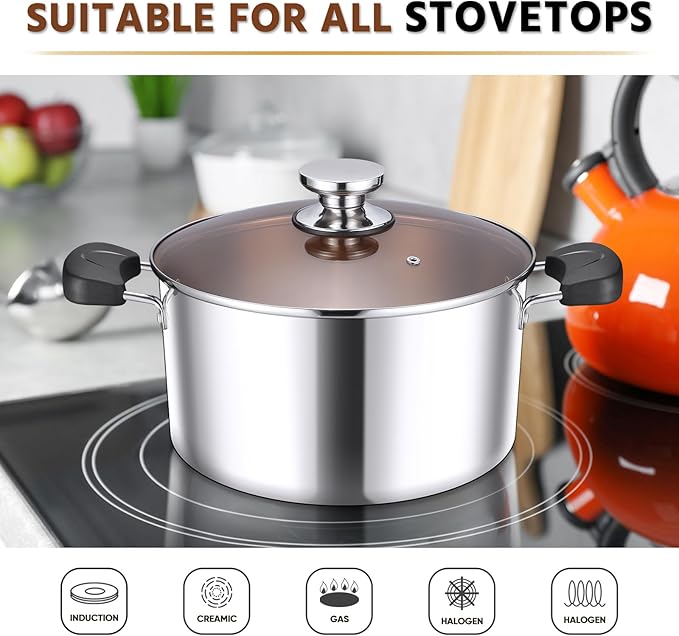 E-far 5Qt Stockpot, 3-Ply Stainless Steel Stock Pot with Glass Lid & Stay-Cool Handles for Cooking Simmering Soup Stew, Heavy Duty Cookware Works w/Induction, Non-toxic & Dishwasher Safe