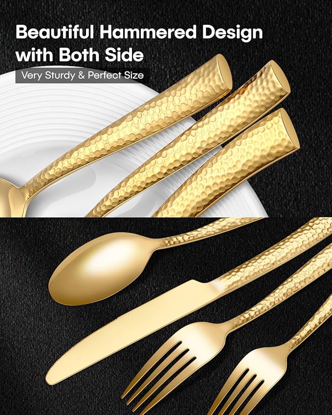 EUIRIO Hammered Gold Silverware Set, 48-Piece Stainless Steel Flatware Set for 8, Shiny Gold Utensils Cutlery for Home Hotel, Forks, Spoons and Knives Set, Dishwasher Safe