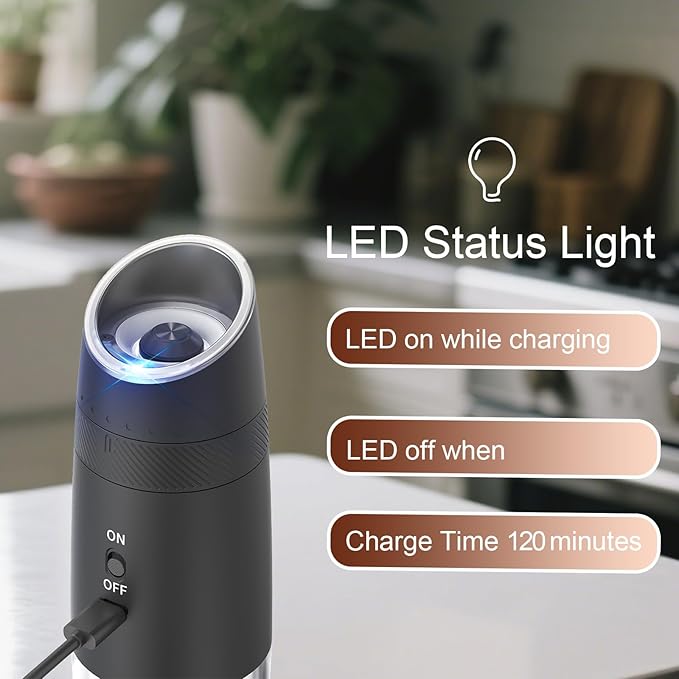 Electric Salt and Pepper Grinder Set – Rechargeable Gravity Automatic Pepper Mill Gift Set with LED Light & 6 Adjustable Coarseness