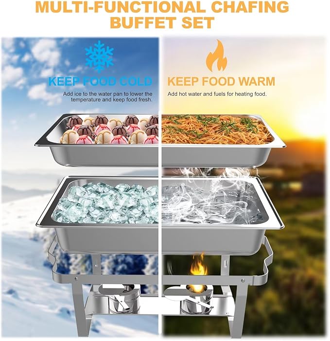 4 Pack 8QT Rectangular Chafing Dish Buffet Set Stainless Steel Catering Chafers Food Warmer with Full,Half,1/3 Food Pan,Fuel Holder,Foldable Frame For Weddings/Parties/Banquets Events