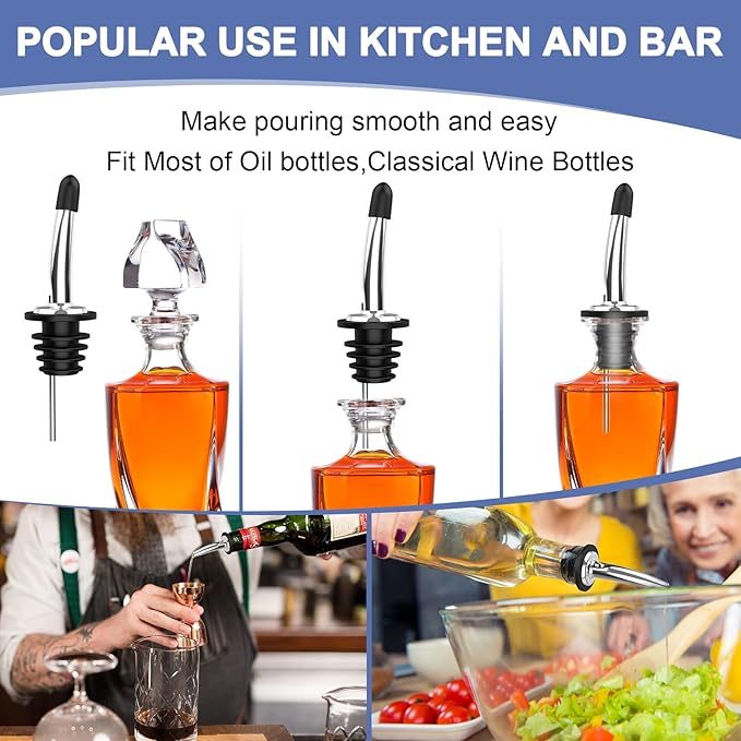 48-Pack Stainless Steel Pour Spouts for Liquor Bottles Oil Vinegar and Wine,Liquor Bottle Pourers with Rubber Dust Caps,Bar accessories,Pourers for Bartending