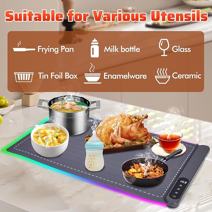 Warming Mat For Food Chafing Dishes for Buffet,Food Warming Mat,Portable Food Warmer,Counter Silicone Warming Mat With 6 Level Temperature 6 Hours Timers (XL 24"x16") Grey Fathers Day