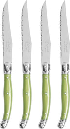 French Home Laguiole 4-Piece Steak Knife Set – Sophisticated Stainless Steel Dinner Knives with Spring Grey Handles & Iconic Bee Emblem – Serrated Knives for Smooth Cutting (9.25")