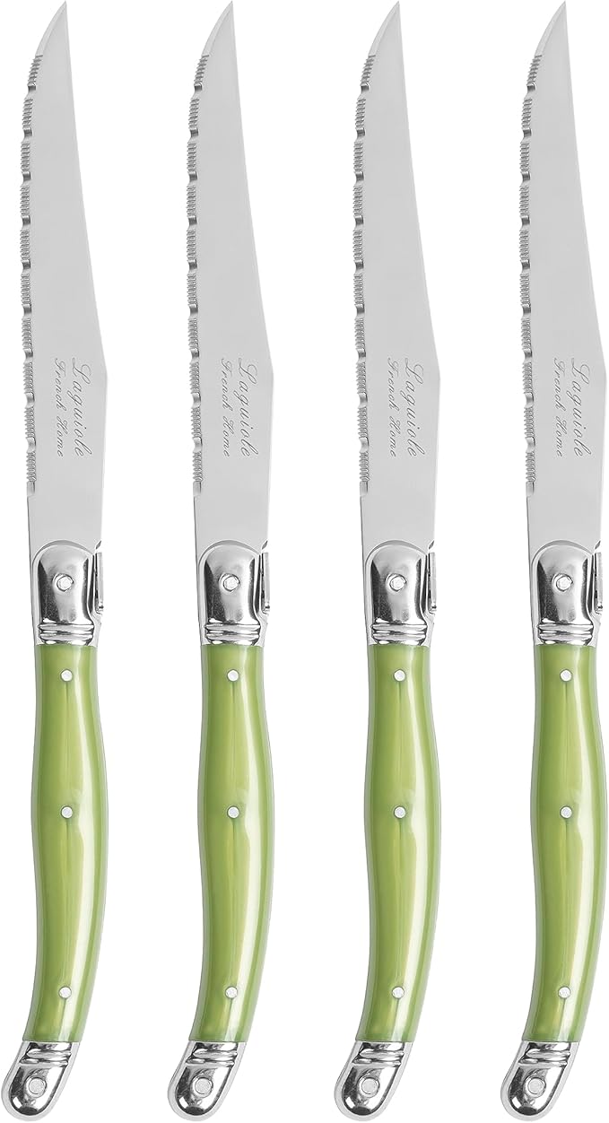 French Home Laguiole 4-Piece Steak Knife Set – Sophisticated Stainless Steel Dinner Knives with Spring Grey Handles & Iconic Bee Emblem – Serrated Knives for Smooth Cutting (9.25")