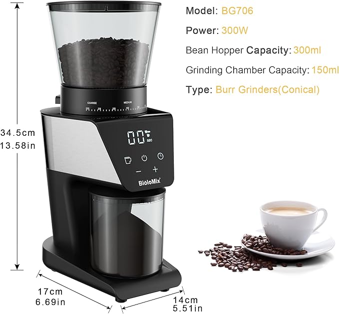 BioloMix Conical Burr Coffee Grinder Electric, Espresso Coffee Grinder with 30 Precise Settings for 1-12 Cups, Coffee Grinder Electric with LCD Screen Display,Touchscreen, Anti-static，Black
