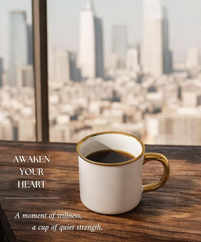 Stoneware Electroplated Mug Set of 4-15oz Ceramic Coffee & Tea Cups with Gold Handle - Perfect for Hot & Iced Drinks - Dishwasher Safe - Modern Chic Design - Ivory White & Gray - Ideal Gift