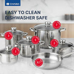 Daniks Standard 11-Piece Stainless Steel Induction Cookware Set, Saucepan, Frying Pan, Dishwasher Safe Pots, Measuring Scale, Glass Lids, For Soup, Pasta, Stew, Silver