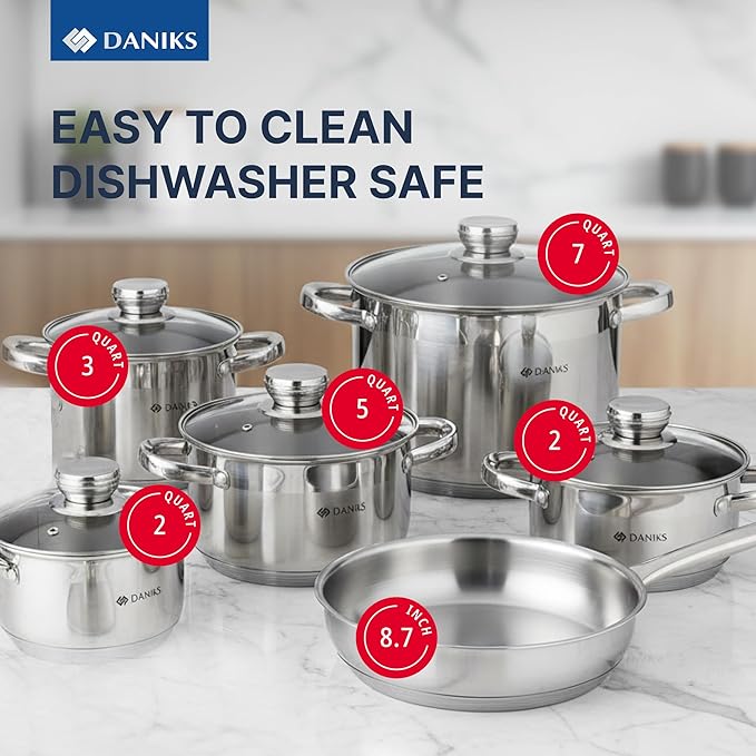 Daniks Standard 11-Piece Stainless Steel Induction Cookware Set, Saucepan, Frying Pan, Dishwasher Safe Pots, Measuring Scale, Glass Lids, For Soup, Pasta, Stew, Silver