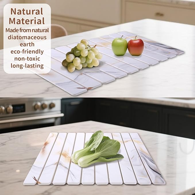 Coolcandy 24x16" Large Stone Dish Drying Mat, Quick Drying Mat Kitchen Counter, Foldable Kitchen Drying Mat, Diatomaceous Earth Stone Drying Mat, Collapsible Dish Mat Kitchen Mat For Drying
