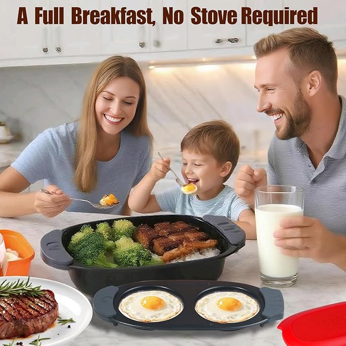 Quick-Heat Microwave Egg Cooker and 33 OZ Microwave Grill Combo | 2-Piece Breakfast Maker Set for Grilling, Frying, Crisping Meat, Bacon, Pancakes & Veggies | Dishwasher Safe & Non-Stick for Kitchen RV, Dorm, Office(Red)