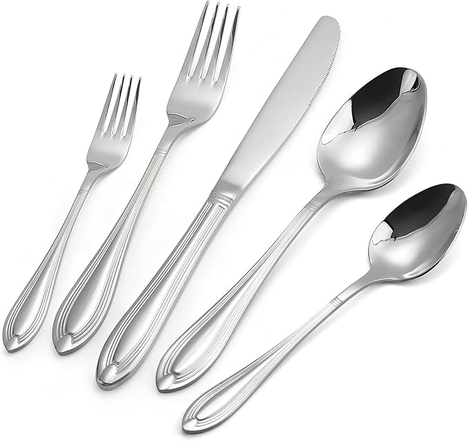 Silverware Set for 8, 40-Piece Flatware Set Include Spoons And Forks Set, Stainless Steel Cutlery Set with Line Pattern, Mirror Polished, Dishwasher Safe.