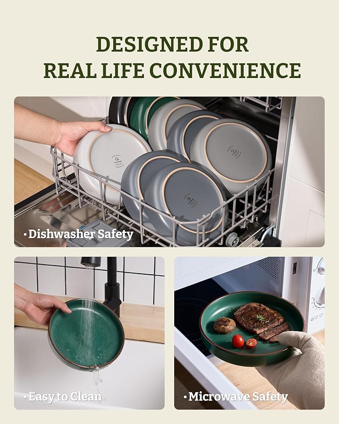 famiware Mercury Pasta Bowls Set of 4, 33 oz Large Salad Bowls, Stoneware Pasta Plates Bowls, Serving Bowls for Kitchen, Microwave & Dishwasher Safe, Dark Green