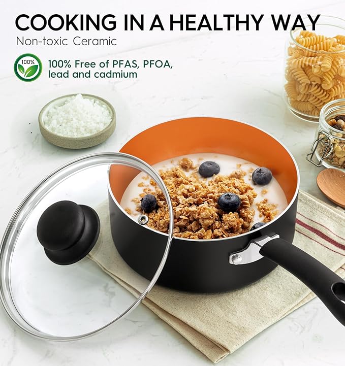 MICHELANGELO Nonstick Sauce Pan With Lid, 1QT&2QT Ceramic Saucepan, Copper Saucepans,PFAS-FREE Pot Set,Small Pots For Cooking,Multipurpose Cooking Pots Set For Home Kitchen,Dishwasher Safe