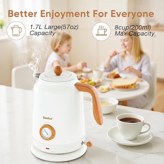 Seehot® 1.7L (57.oz) Electric Kettle with Thermometer, 1200W Large Electric Tea kettle with 304 Stainless Steel,Auto shut off,Hot water kettle Electric for Coffee&Tea-White