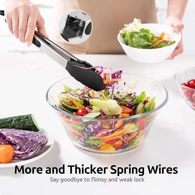 600ºF Heat Resistant Kitchen Tongs: U-Taste 12 inch Large Silicone Cooking Tong with Sturdy Non Stick Rubber Tips & Silicon Coated 18/8 Stainless Steel Handle & Smooth Locking for Serving Grill(Black)