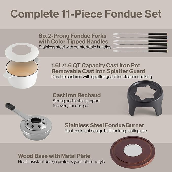 Swissmar Sierra Cast Iron Fondue Set, 1.6 Quart / 1.6 Liter – Perfect for Meat, Cheese, & Chocolate Fondues – Ideal for Family Bonding & Hosting Gifts - 12-Pieces, Matte White