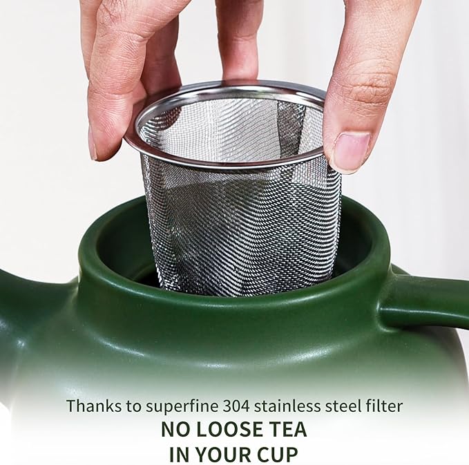 Yundu 1500ml / 50 oz Ceramic Teapot with Infuser & Wood Lid - Matte Green, Loose Leaf Tea Pot with Removable Strainer, Large Capacity