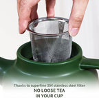 Yundu 1500ml / 50 oz Ceramic Teapot with Infuser & Wood Lid - Matte Green, Loose Leaf Tea Pot with Removable Strainer, Large Capacity