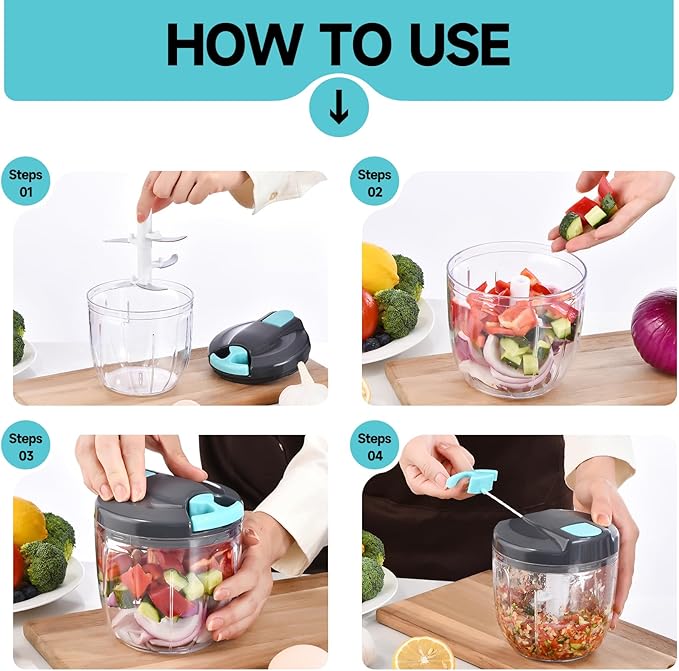 Manual Food Processor Vegetable Chopper, Portable Hand Pull String Garlic Mincer Onion Cutter for Veggies, Ginger, Fruits, Nuts, Herbs, etc., （900ml,Gray-blue）
