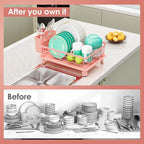 Dish Drying Rack, Space-Saving Dish Rack, Dish Racks for Kitchen Counter, Kitchen Dish Drainers with Removable Utensil Holder,Plate Rack and Drainboard, 11''W x 15''L, Pink