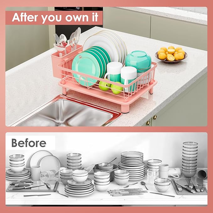 Dish Drying Rack, Space-Saving Dish Rack, Dish Racks for Kitchen Counter, Kitchen Dish Drainers with Removable Utensil Holder,Plate Rack and Drainboard, 11''W x 15''L, Pink