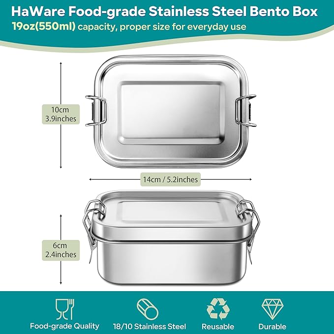 HaWare Stainless Steel Bento Box, 19oz (550ML) Leak-Proof Lunch Box for Kids Adults, Metal Food Containers for Snack Meal Sandwich, Reusable Lunch Containers with Locking Clips, Dishwasher Safe