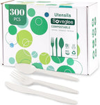 Ivory White Compostable Silverware, 300 Count Compostable Utensils, Plastic Forks Spoons Knives,No Plastic Utensil, Eco Friendly Disposable Silverware for Party Office Wedding