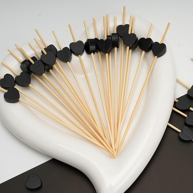 Minisland Black Love Heart Cocktail Picks, 4.7 Inch Long Bamboo Fancy Toothpicks for Appetizers, Decorative Halloween Holiday Party Food Drink Garnish Fruit Kabobs Skewer Sticks 100 Counts -MSL444