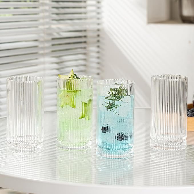 16oz Ribbed Glassware, Vintage Drinking Glasses Set of 4, Cocktail Glass Cups, Elegant Tom Collins Glasses, Highball Ribbed Glasses Ideal for Water, Iced Coffee, Juice, Beer, Milk