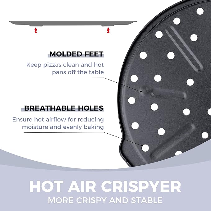 HONGBAKE 2 Pack Pizza Pan with Holes 12 Inch, Nonstick Pizza Tray for Oven with Widen Handles, Hot Air Pizza Crisper Tin, Round Baking Sheet for Frozen & Homemade Pizza, Grey