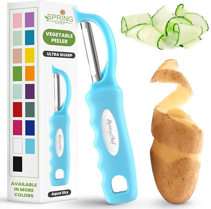 Spring Chef Premium Swivel Vegetable Peeler, Soft Grip Handle and Ultra Sharp Stainless Steel Blades - Perfect Kitchen Peeler For Veggie, Fruit, Potato, Carrot, Apple - Aqua Sky
