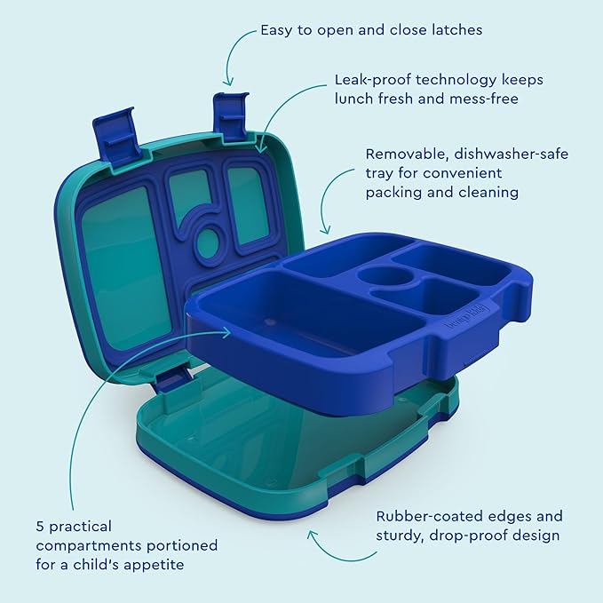 Bentgo Kids Prints Leak-Proof, 5-Compartment Bento-Style Kids Lunch Box - Ideal Portion Sizes for Ages 3-7, Durable, Drop-Proof, Dishwasher Safe, & PFAS & BPA-Free Materials (Sharks)