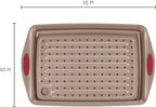 Rachael Ray Cucina Nonstick Bakeware Set with Grips, Nonstick Cookie Sheet / Baking Sheet with Crisper Pan - 2 Piece, Latte Brown with Cranberry Red Handle Grips